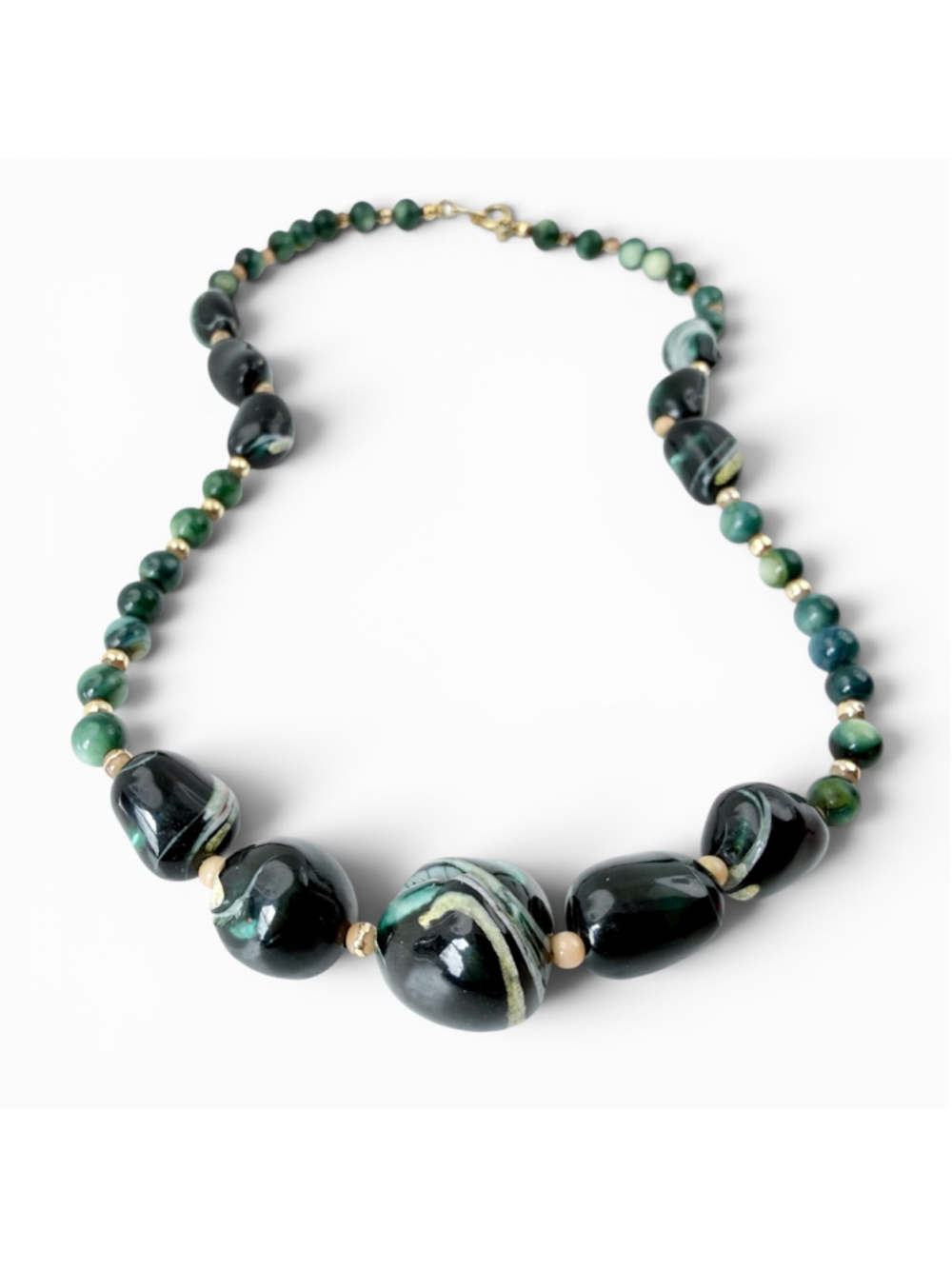 Vintage Dark Green Glass Necklace Chunky Statement Necklace Marbled Green Beads